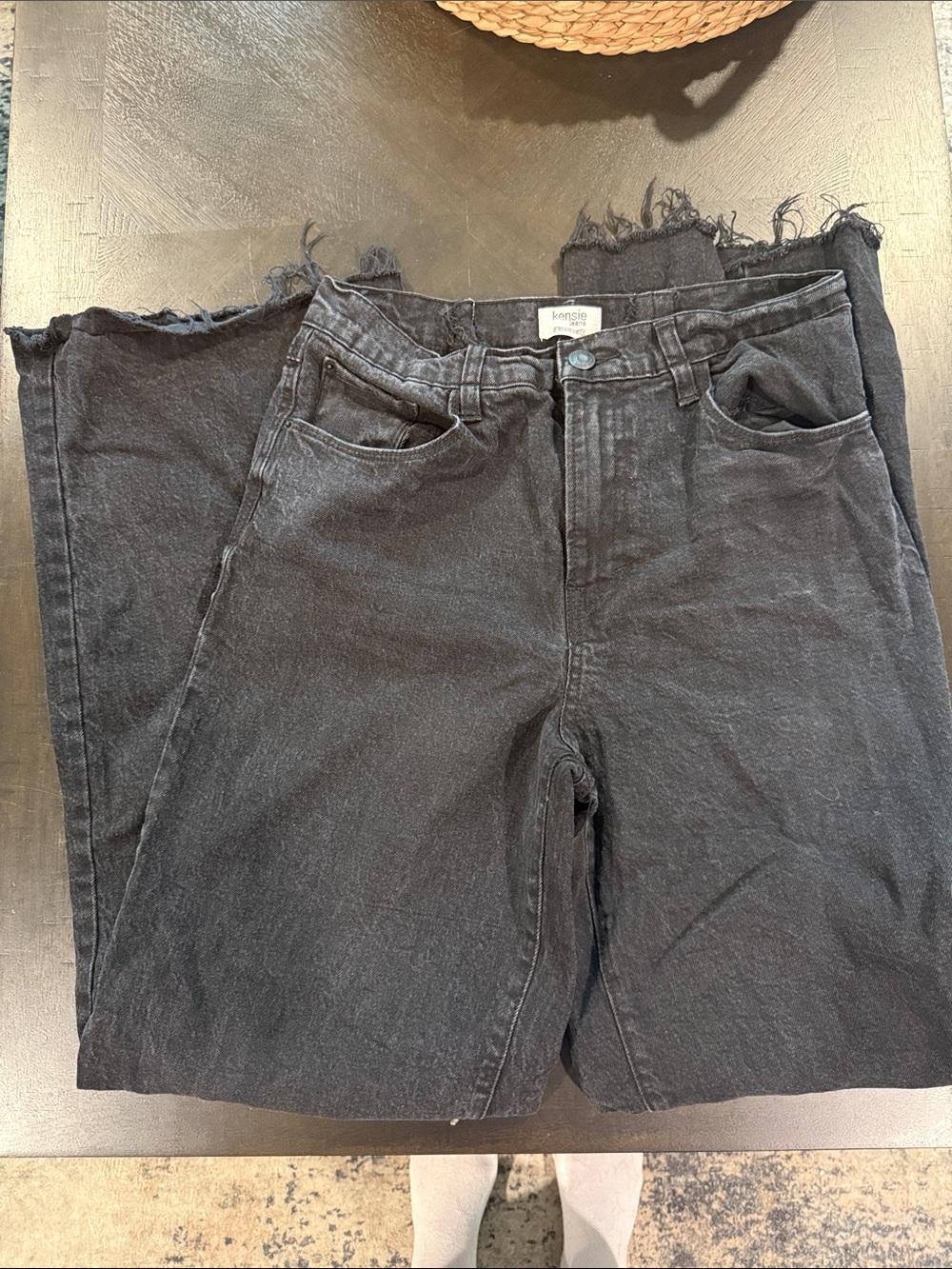 Kensie Washed Black High-Rise Wide Leg Jeans with Frayed Hem